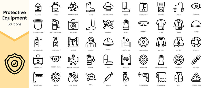 Simple Outline Set of protective equipment icons. Linear style icons pack. Vector illustration