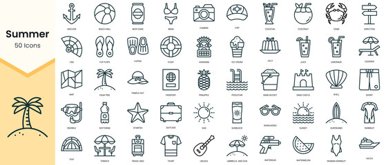 Simple Outline Set of summer icons. Linear style icons pack. Vector illustration