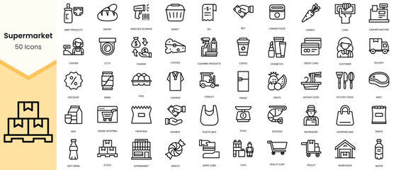 Simple Outline Set of supermarket icons. Linear style icons pack. Vector illustration - obrazy, fototapety, plakaty