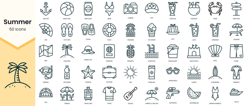 Simple Outline Set Of Summer Icons. Linear Style Icons Pack. Vector Illustration