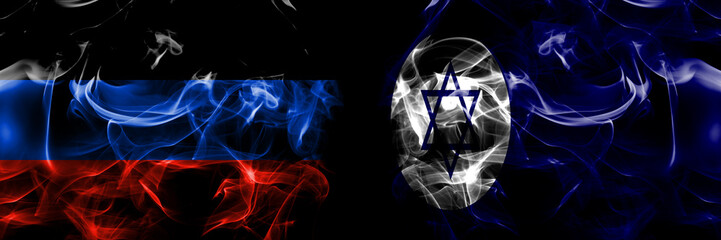 Donetsk People's Republic vs Israel, Civil Ensign flag. Smoke flags placed side by side isolated on black background.