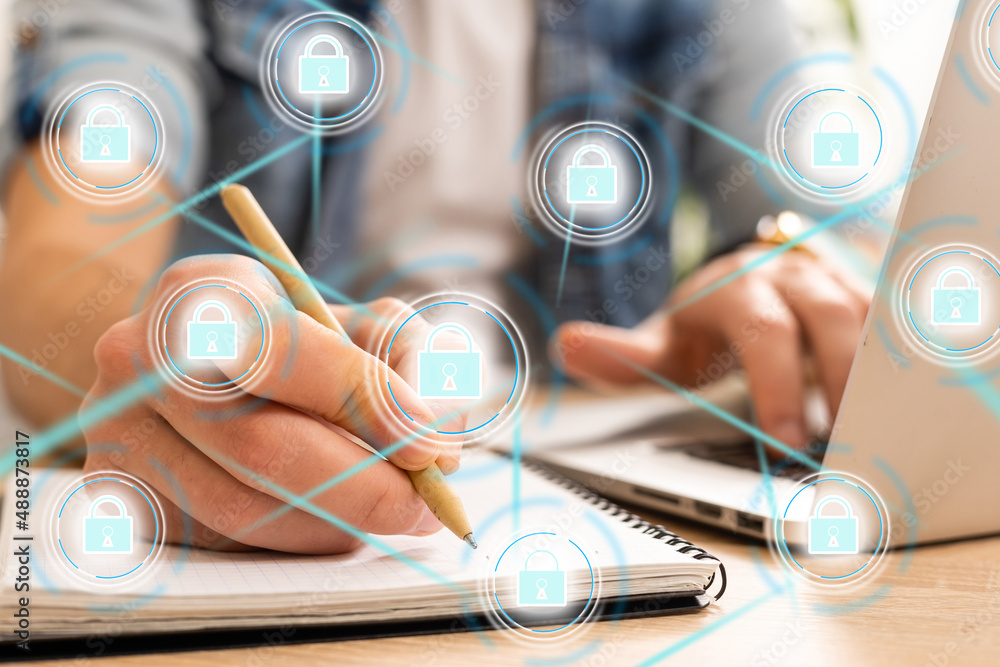 Poster cyber security network. padlock icon and internet technology networking. businessman protecting data
