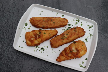 Kabeljau frittiert. Backfisch.