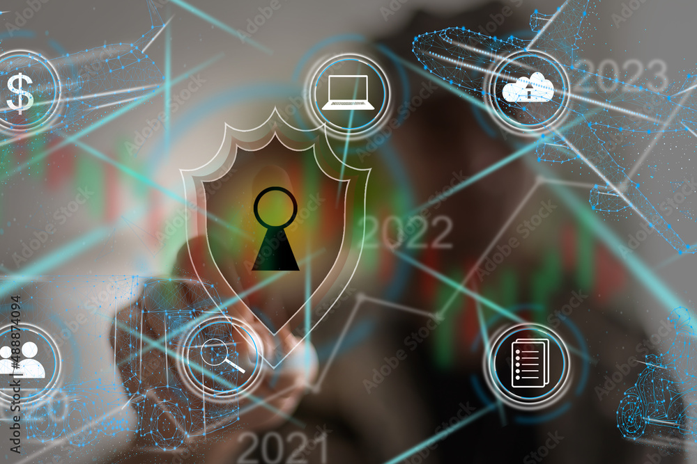 Poster cyber security network. padlock icon and internet technology networking. businessman protecting data