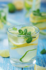 Glasses with lemon and lime lemonade	