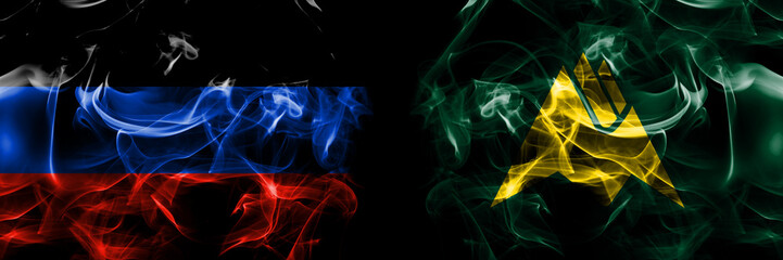 Donetsk People's Republic vs Japan, Japanese, Biei, Hokkaido, Kamikawa, Subprefecture flag. Smoke flags placed side by side isolated on black background.