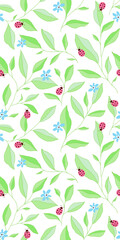 Seamless pattern with leaves, ladybugs and flowers. Cute vector floral background.