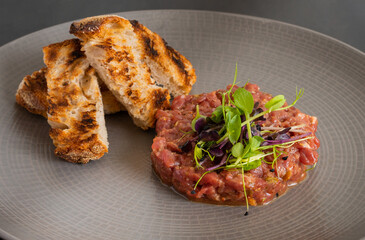 Steak tartare accompanied by toasted bread and tender shoots