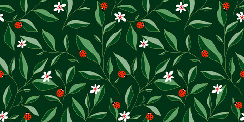 Seamless pattern with leaves, ladybugs and flowers. Cute vector floral background. © Oleksandra