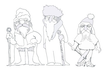 Gnomes and Wizards. Three characters. Ink drawing.