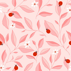 Seamless pattern with leaves, ladybugs and flowers. Cute vector floral background.