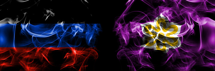 Donetsk People's Republic vs Japan, Japanese, Kyoto Prefecture flag. Smoke flags placed side by side isolated on black background.