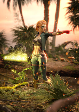 A 3d Digital Rendering Of A Female Elf Holding A Green Flaming Sword Pointing Off Into The Distance. She Is In The Jungle And There Are Sparks In The Air.