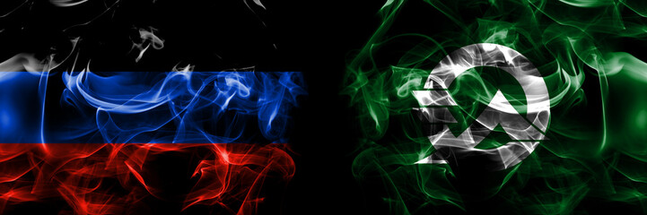 Donetsk People's Republic vs Japan, Japanese, Niseko, Hokkaido, Shiribeshi, Subprefecture flag. Smoke flags placed side by side isolated on black background.