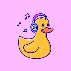 Cute cartoon duck wearing headphones in vector illustration. Animal isolated vector. Flat cartoon style
