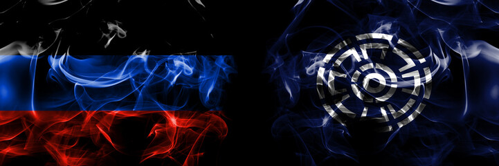 Donetsk People's Republic vs Japan, Japanese, Urakawa, Hokkaido, Hidaka, Subprefecture flag. Smoke flags placed side by side isolated on black background.