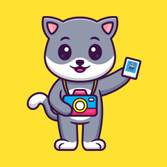 Cute Cat as Professional Photographer in Cartoon. Premium Vector Illustration. Flat Style Concept.