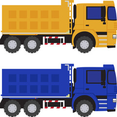 Naklejka premium Yellow and blue dump truck heavy machinery transportation vehicle set. 