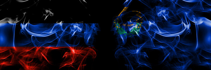 Donetsk People's Republic vs Nevada flag. Smoke flags placed side by side isolated on black background.