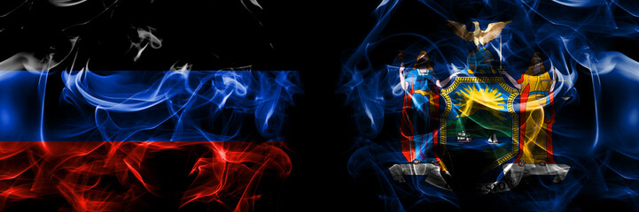 Donetsk People's Republic vs New York  flag. Smoke flags placed side by side isolated on black background.