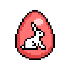 Easter egg painted red decorated with a sitting bunny sticker, 8 bit icon isolated on white background. Old school vintage retro 80s, 90s 2d video game, slot machine graphics.