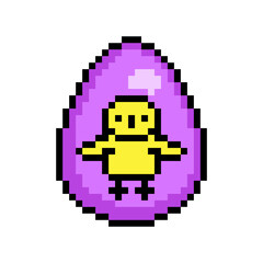 Obraz premium Easter egg painted purple decorated with a yellow chick sticker, 8 bit icon isolated on white background. Old school vintage retro 80s, 90s 2d video game, slot machine graphics.