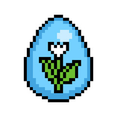 Easter egg painted blue decorated with a Galanthus flower sticker, 8 bit icon isolated on white background. Old school vintage retro 80s, 90s 2d video game, slot machine graphics.