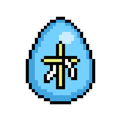 Easter egg painted blue decorated with a cross sticker, 8 bit icon isolated on white background. Old school vintage retro 80s, 90s 2d video game, slot machine graphics.