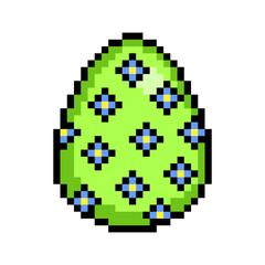 Fototapeta premium Easter egg painted green decorated with many small blue flowers, 8 bit icon isolated on white background. Old school vintage retro 80s, 90s 2d video game, slot machine graphics.