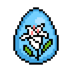 Fototapeta na wymiar Easter egg painted blue decorated with a white lily flower sticker, 8 bit icon isolated on white background. Old school vintage retro 80s, 90s 2d video game, slot machine graphics.