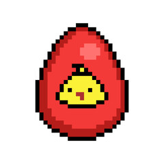 Fototapeta premium Easter egg painted red decorated with a yellow chick head sticker, 8 bit icon isolated on white background. Old school vintage retro 80s, 90s 2d video game, slot machine graphics.