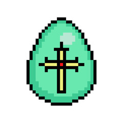 Easter egg painted green decorated with a cross sticker, 8 bit icon isolated on white background. Old school vintage retro 80s, 90s 2d video game, slot machine graphics.