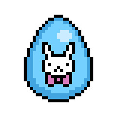 Easter egg painted blue decorated with a bunny with pink ribbon bow sticker, 8 bit icon isolated on white background. Old school vintage retro 80s, 90s 2d video game, slot machine graphics.