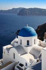 The blue dome of Greek orthodox church on Santorini island.
