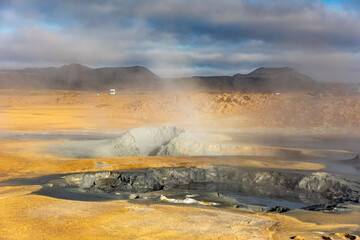 Fumarole field in Hverir geothermal zone Iceland. Famous tourist attraction