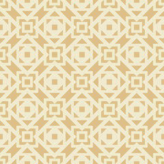 Vector geometric ornament in ethnic style. Abstract seamless pattern with squares, diamonds, triangles, grid, net, repeat tiles. Simple retro background texture in pale yellow color. Repeated design