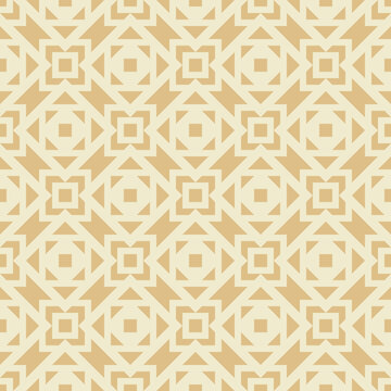 Vector geometric ornament in ethnic style. Abstract seamless pattern with squares, diamonds, triangles, grid, net, repeat tiles. Simple retro background texture in pale yellow color. Repeated design