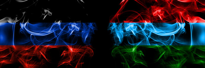 Donetsk People's Republic vs Russia, Russian, Karelia flag. Smoke flags placed side by side isolated on black background.