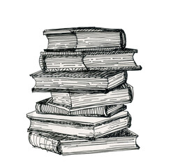 A stack of books to read. Ink illustration.