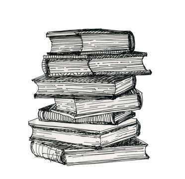 A Stack Of Books To Read. Ink Illustration.