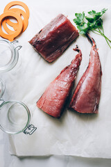 Raw albacore tuna on paper