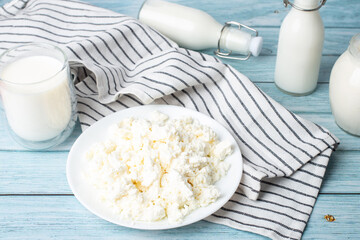 dairy products on a blue table