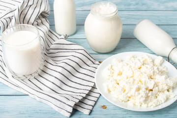 dairy products on a blue table