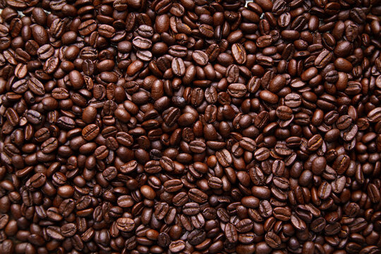A closeup background texture image of fresh organic dark roast coffee beans. 