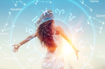 Horoscope concept, girl and a circle with the signs of the zodiac, astrology.