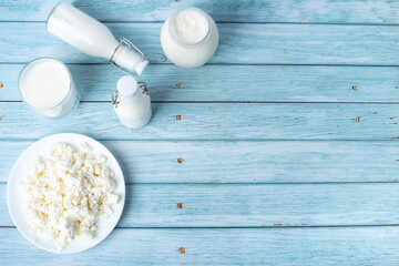 dairy products on a blue table