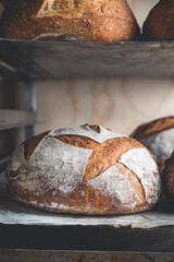 Freshly baked sourdough bread on a shelf