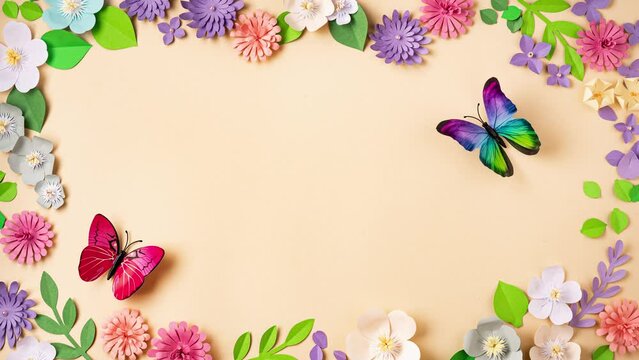 Stop motion of floral background with handmade paper flowers and buttreflies. Paper art and handcrafting. Animation. Top view. Spring or summer season. 4K UHD