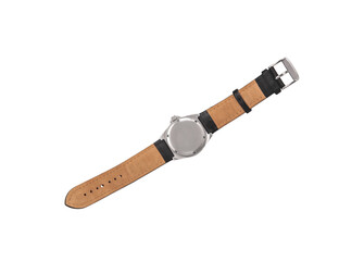 Men's wrist watch. Elegant silver watch with a leather strap. Isolate on a white back