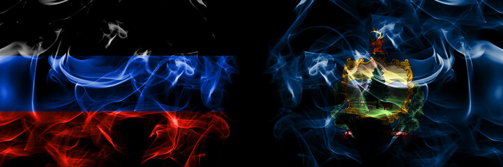 Donetsk People's Republic vs Vermont flag. Smoke flags placed side by side isolated on black background.